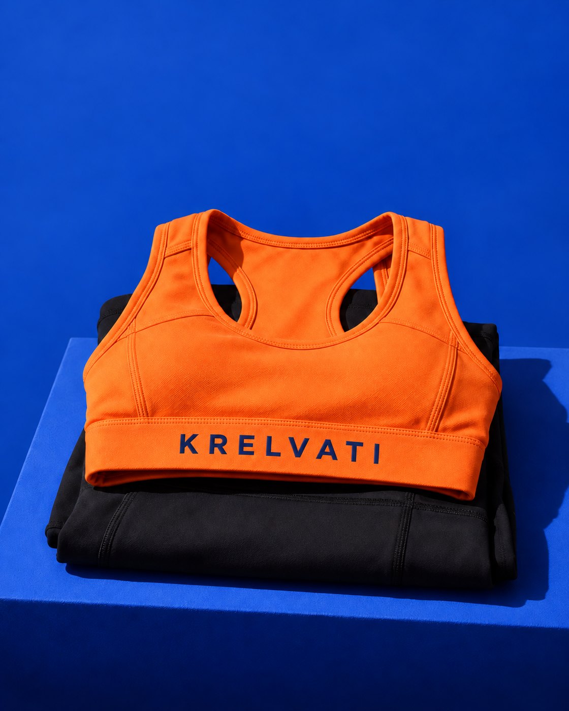 An orange sports bra folded on black leggings, blue background