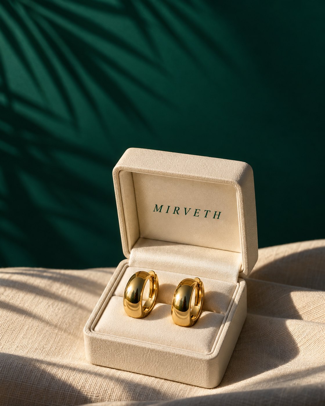 Gold hoop earrings in an open cream box on linen, green wall behind